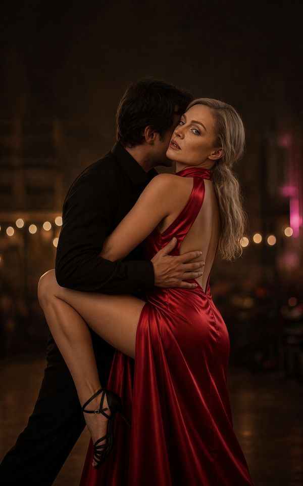 Cover art for Close Embrace by Kenzie Lexington: a couple in a tango embrace, she in a red dress