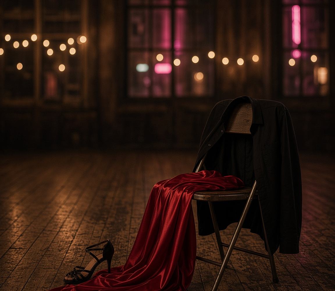 An empty dance floor at night: a red dress over a folding chair, a man’s jacket on its back, and a pair of tango heels