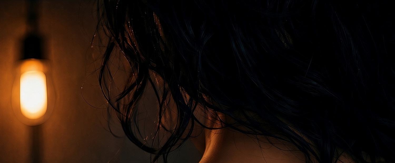 A woman with dark hair turned away from the camera beside a single warm bulb